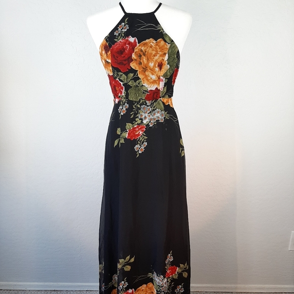 SHEIN Dresses & Skirts - Shein Black Floral Print Halter Maxi Dress S